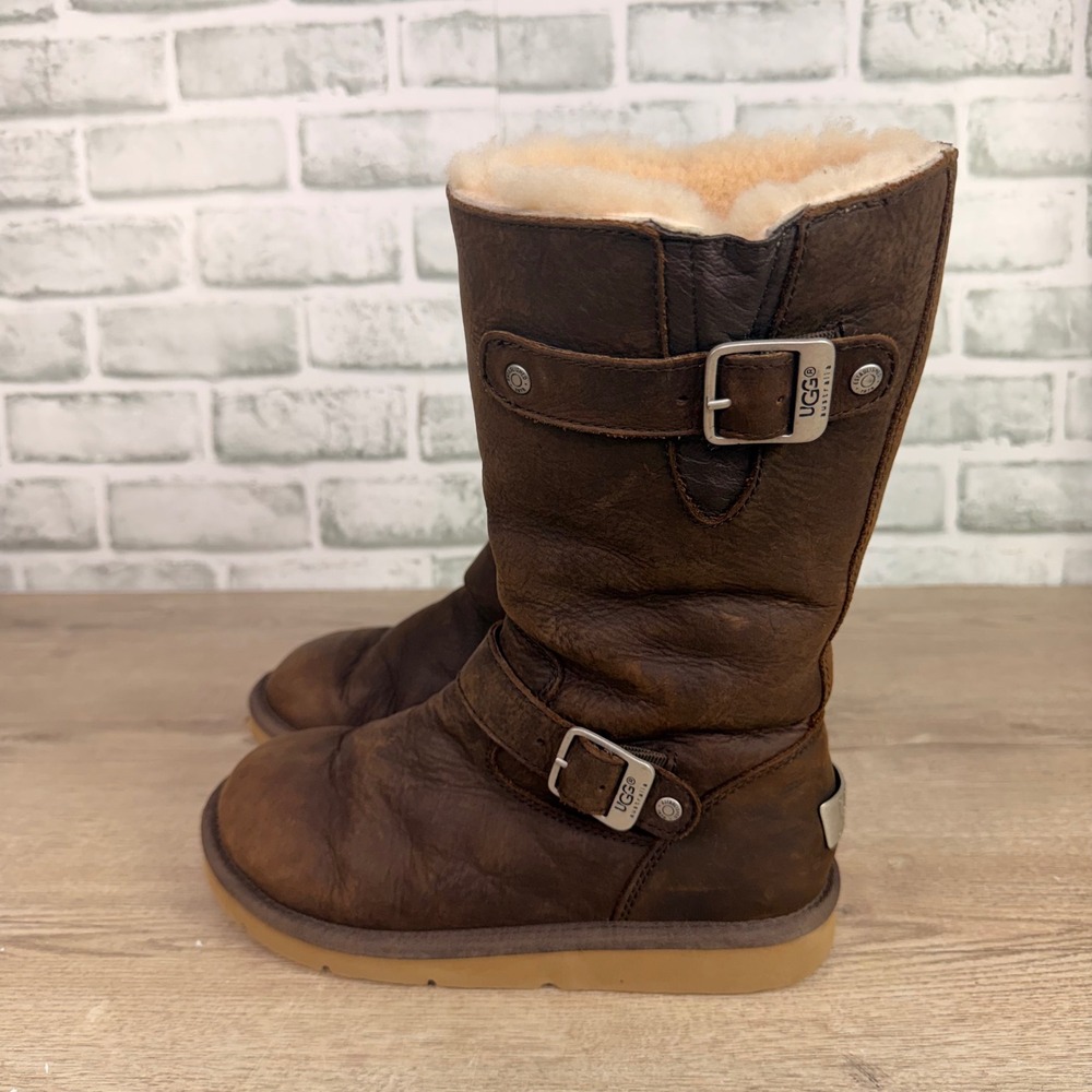 UGG Kensington Mid Calf Boots Buckle Leather Brown Womens 6